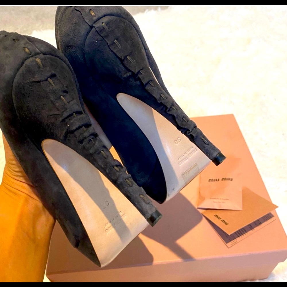 Miu Miu Charcoal Suede With Ruched Accent Heels - image 5